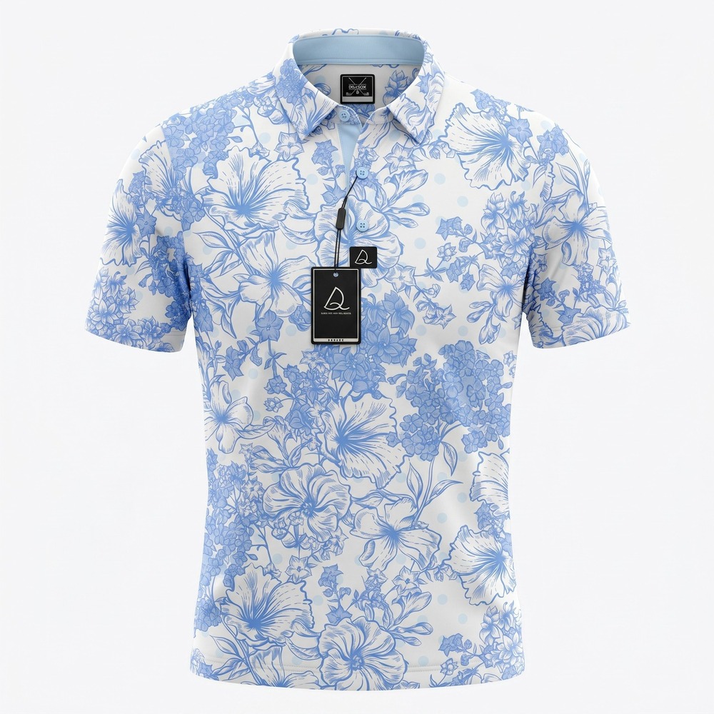 Deolax Golf Polo Shirt Mens Large Blue White Floral Hibiscus Performance NWT